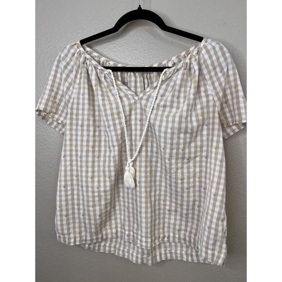 Lucky Brand Beige Gingham Cotton Peasant Top M Short Sleeves 100% Cotton - Picture 2 of 7